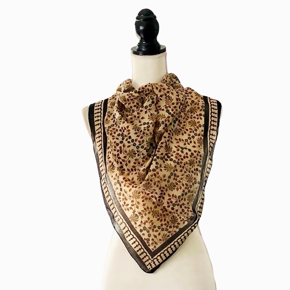 Vintage Accessories - $15 or 2/$20 Vintage 80s Black & Tan Boho Floral Patterned Scarf - 30” Square